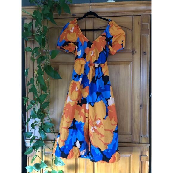 Tabitha Brown Tropical Floral Print Puff Sleeve Tie-Back Midi Dress SZ 4 - Picture 1 of 12